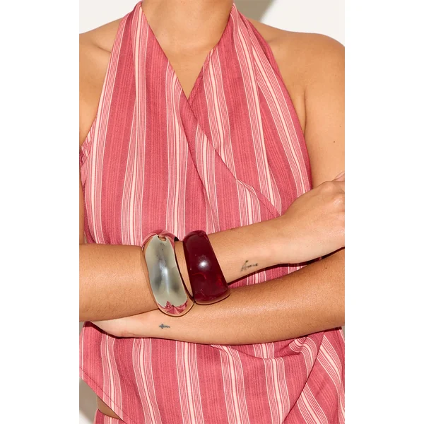 Silver and Red Resin Chunky Smooth Curved Cuffs