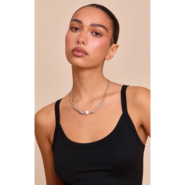 Silver Angled Wishbone Necklace with Pearl Detail