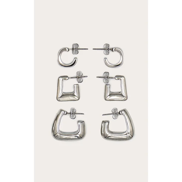 Silver Chunky Square Huggie Multipack Earrings