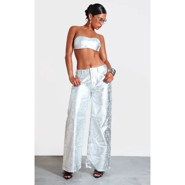 Silver Coated Crackle Effect Denim Wide Leg Jeans