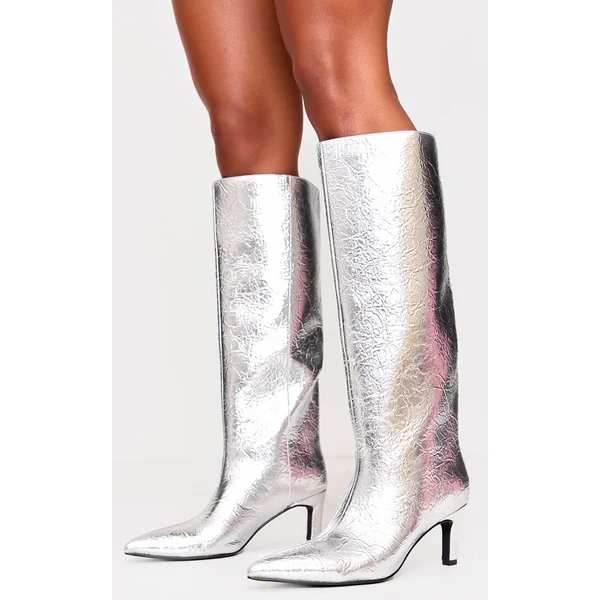 Silver Crinkle PU Point Toe Low Stiletto Knee High Heel Boots