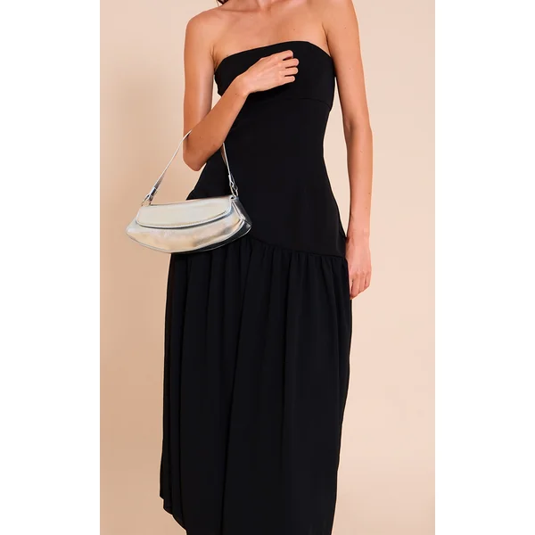 Silver Crinkle Pu Slim Curved Shoulder Bag