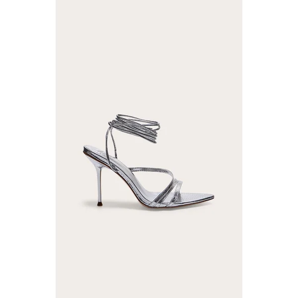 Silver Croc PU Point Toe Lace Up Heeled Sandals