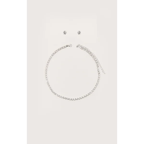 Silver Dainty Stud And Necklace Set