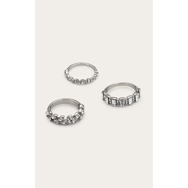 Silver Diamante Baguette 3 Pack Ring Set
