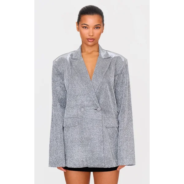 Silver Glitter Oversized Curved Hem Boxy Blazer
