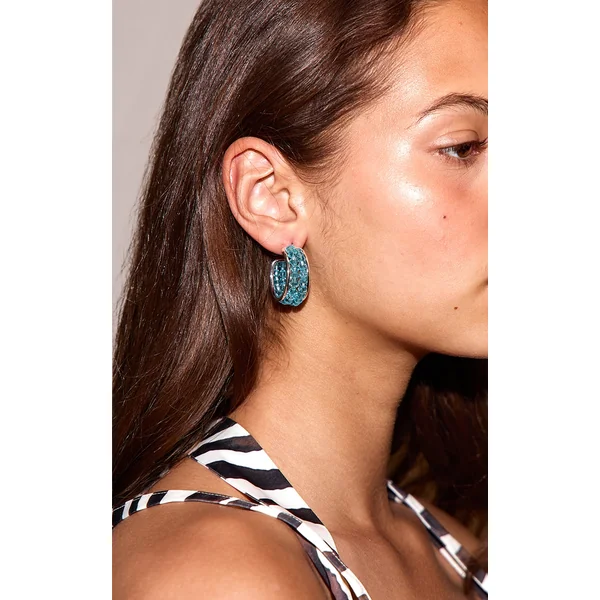 Silver Hoop Earrings with Turquoise Crystal Detail