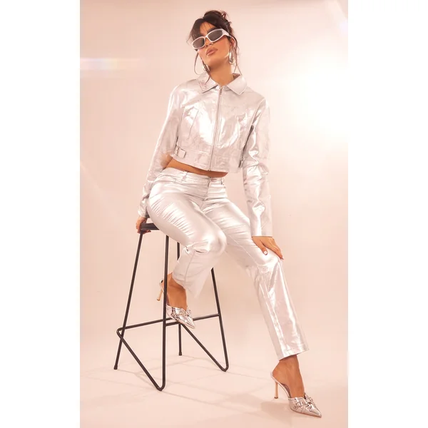 Silver Metallic Coated Denim Straight Leg Jeans