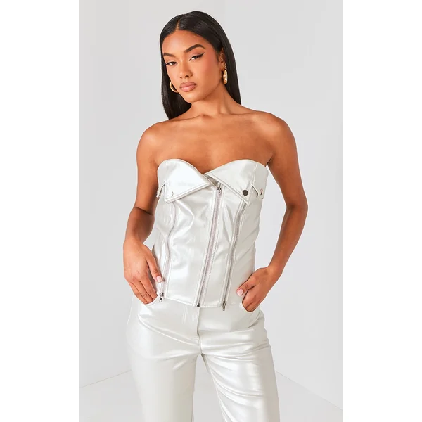 Silver Metallic Faux Leather Zip Up Biker Detail Corset