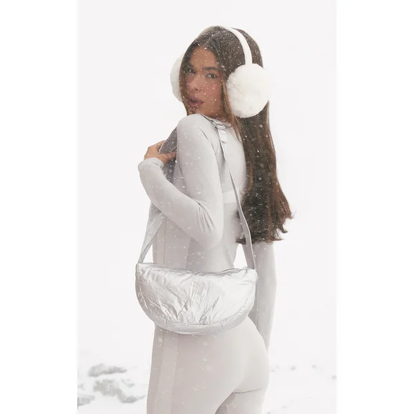 Silver Metallic Nylon Ruched Pocket Cross Body Bag