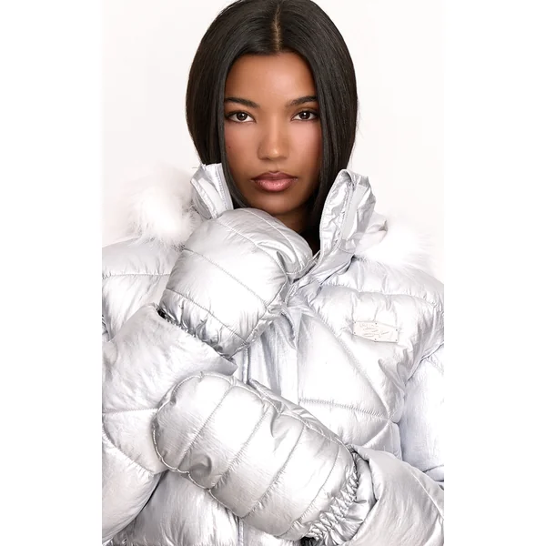 Silver Nylon Quilted Fleece Lined Mittens