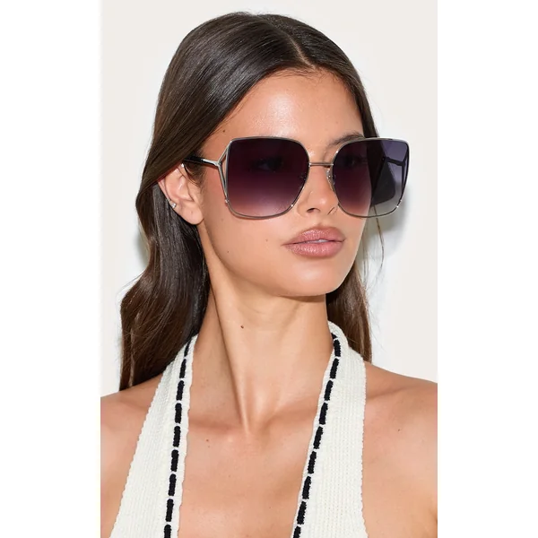 Silver Oversized Square Metal Frame Sunglasses
