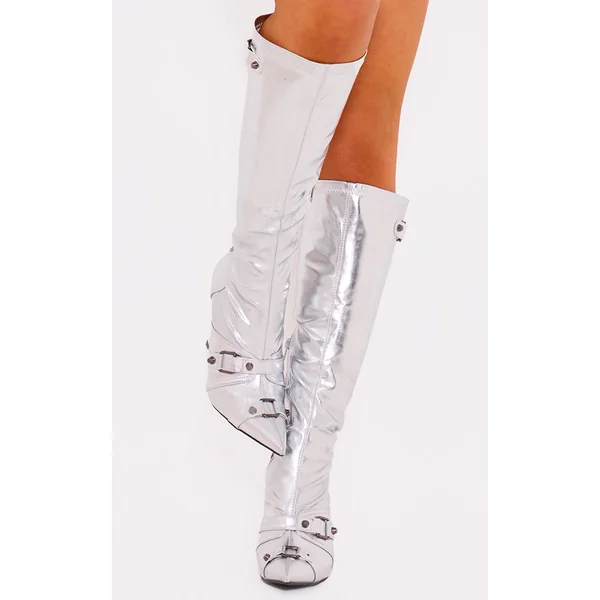 Silver Pu Metallic Buckle Detail High Heeled Knee Boots