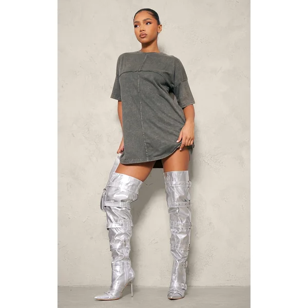 Silver Pu Point Toe Buckled Over The Knee Heeled Boots