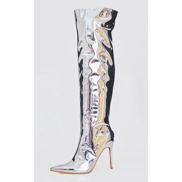 Silver PU Point Toe Over The Knee High Stiletto Heeled Boots