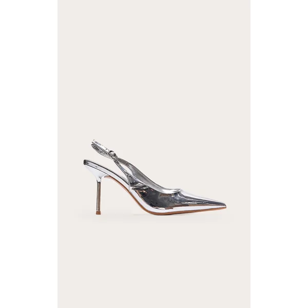 Silver PU Point Toe Sling Back Mid Heeled Courts