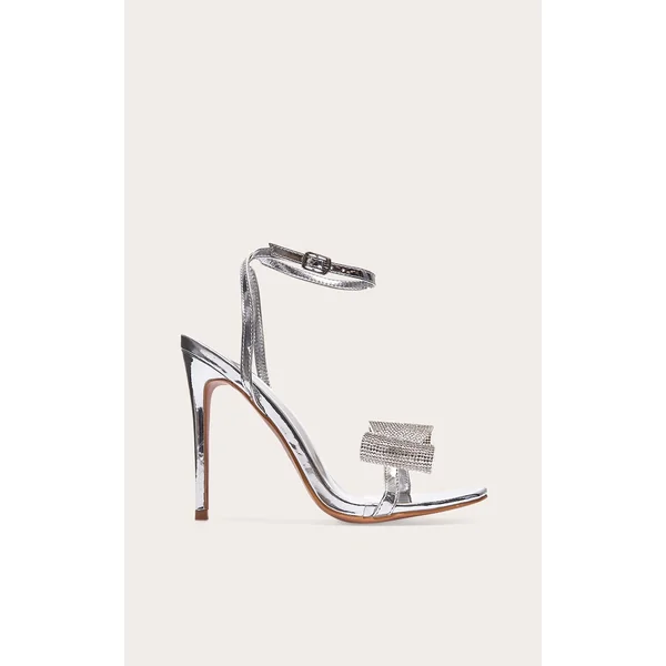 Silver PU Round Toe Diamante Bow Heeled Sandals