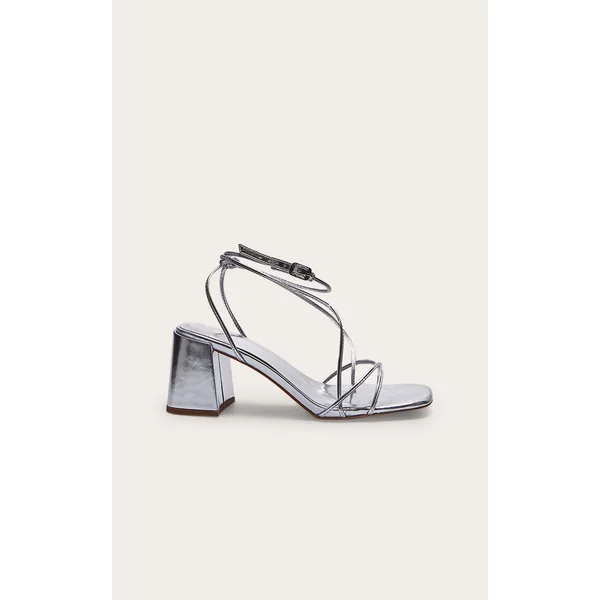 Silver Pu Round Toe Strappy Mid Block Heeled Sandals