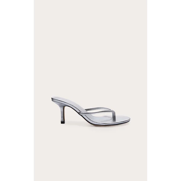 Silver Pu Round Toe Thong Mid Heeled Mules