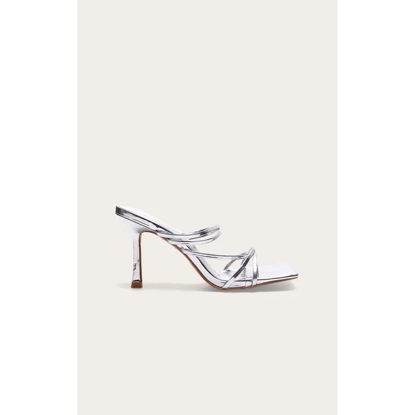 Silver PU Square Toe Multi Cross Strap Detail Mid Heeled Mules