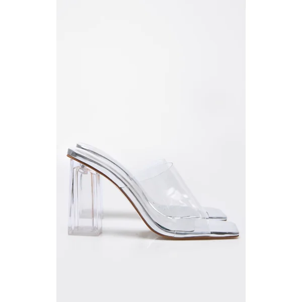 Silver PU Square Toe Perspex Block Heeled Mules