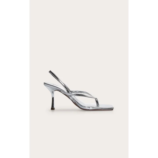 Silver Pu Square Toe Thong Sling Back Mid Heeled Sandals