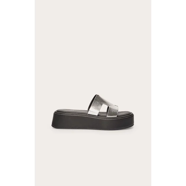 Silver Pu Strap Round Toe Flatform Sandals