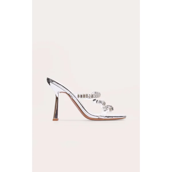 Silver PU Wide Fit Metallic Square Toe Diamante Strap Heeled Mules