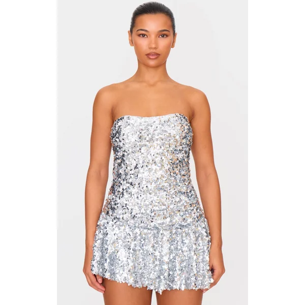 Silver Sequin Bandeau Pleated Skort Romper