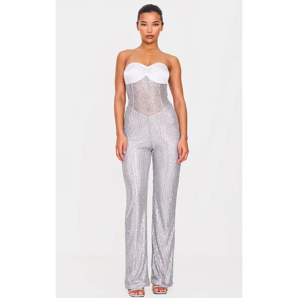 Silver Sequin Bandeau Sheer Panel Jumpsuit