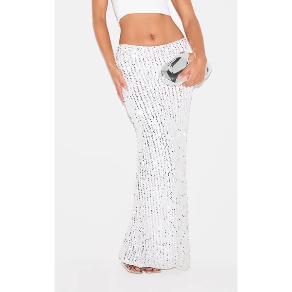 Silver Sequin Embellished Low Rise Drapey Maxi Skirt