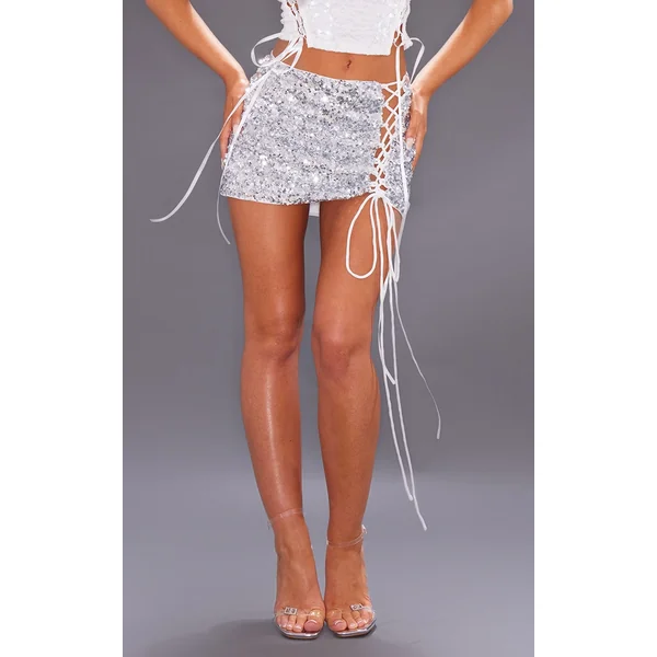 Silver Sequin Lace Up Side Micro Mini Skirt