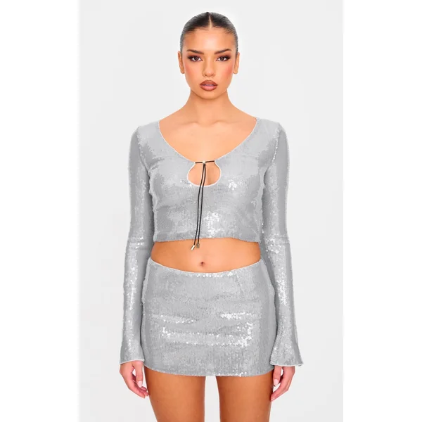 Silver Sequin Long Sleeve Tie Front Top