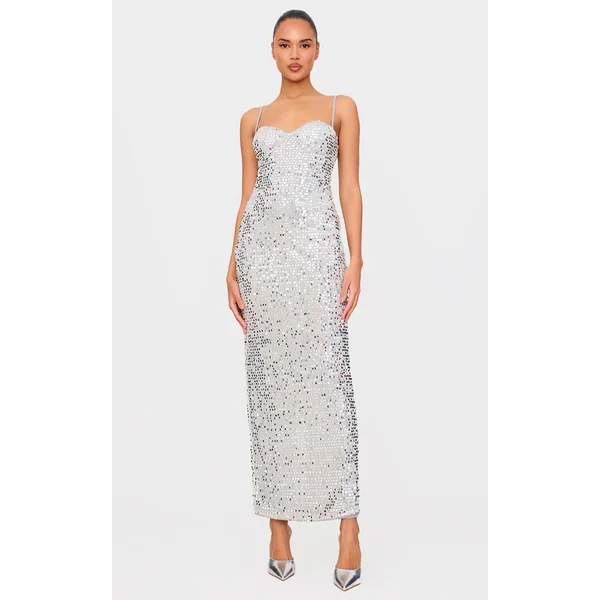 Silver Sequin Strappy Corset Detail Maxi Dress