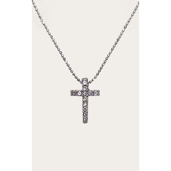 Silver Simple Dainty Diamante Cross Necklace