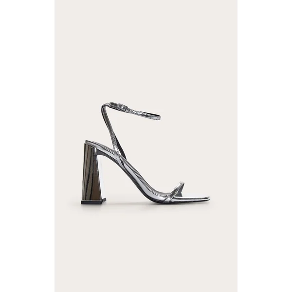 Silver Square Toe High Block Heeled Sandals