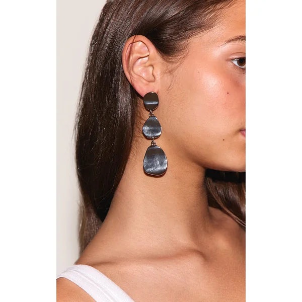 Silver Textured Layered Oval Drape Earrings