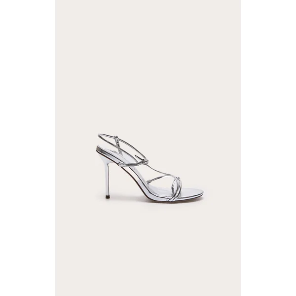 Silver Wide Fit Pu Strappy Asymmetric Buckle High Stiletto Heeled Sandals