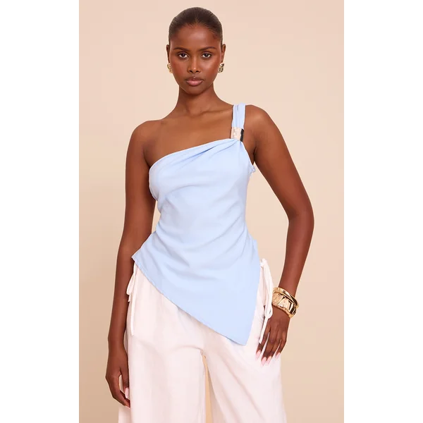 Sky Blue Asymmetric One Shoulder Trim Detail Long Top