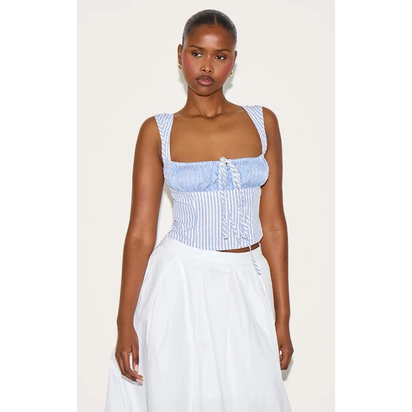 Sky Blue Cotton Contrast Striped Crop Top