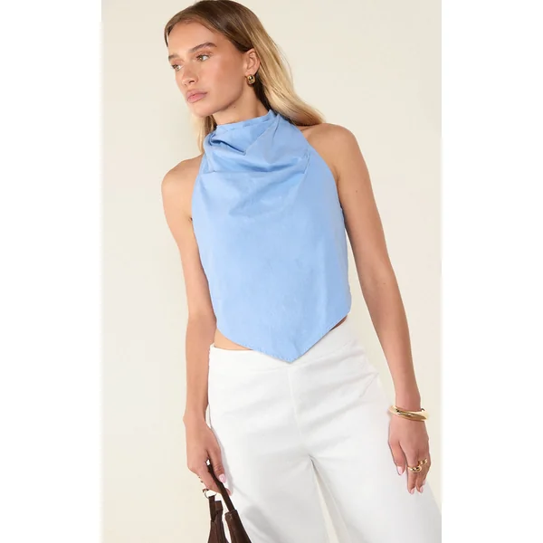 Sky Blue Cotton Look Halterneck Top