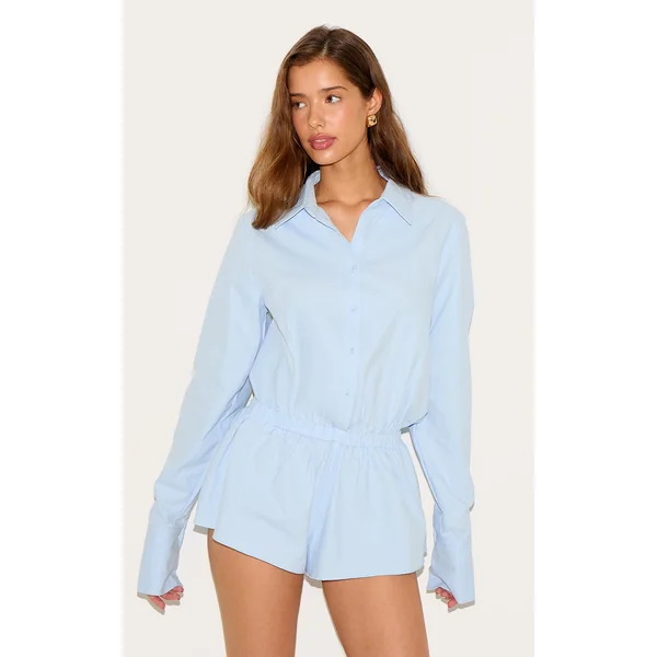 Sky Blue Cotton Ruched Tiered Skort Shirt Romper