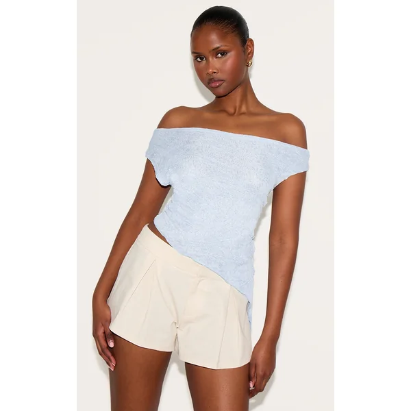 Sky Blue Crinkle Mesh Asymmetric Neck Top