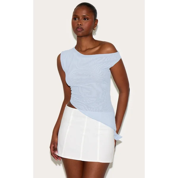 Sky Blue Double Layer Asymmetric Neck Mesh Top