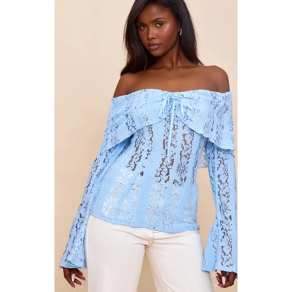 Sky Blue Fitted Lace Flared Sleeve Bardot Top