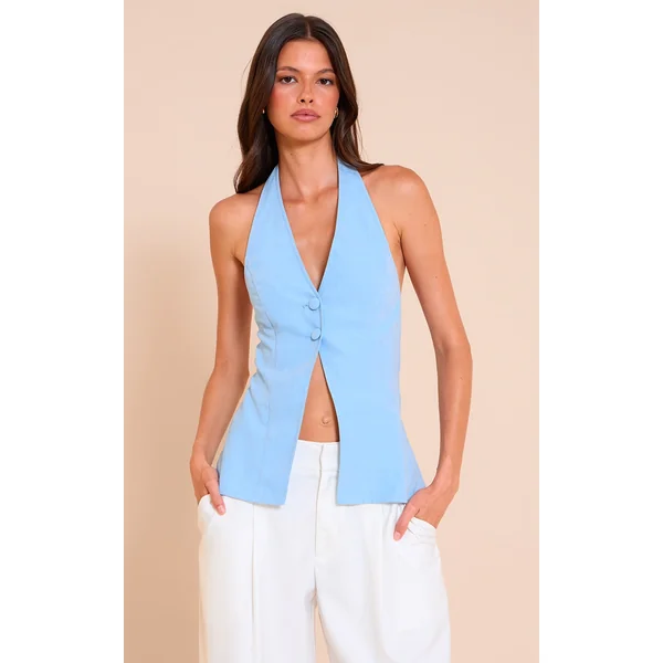 Sky Blue Peach Skin Halterneck Long Top