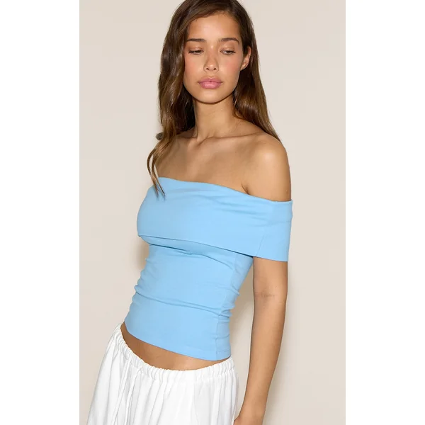 Sky Blue Soft Cotton Bardot Sleeve Top