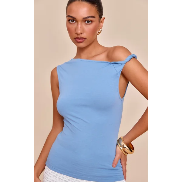 Sky Blue Soft Cotton Twist Detail Long Vest Top