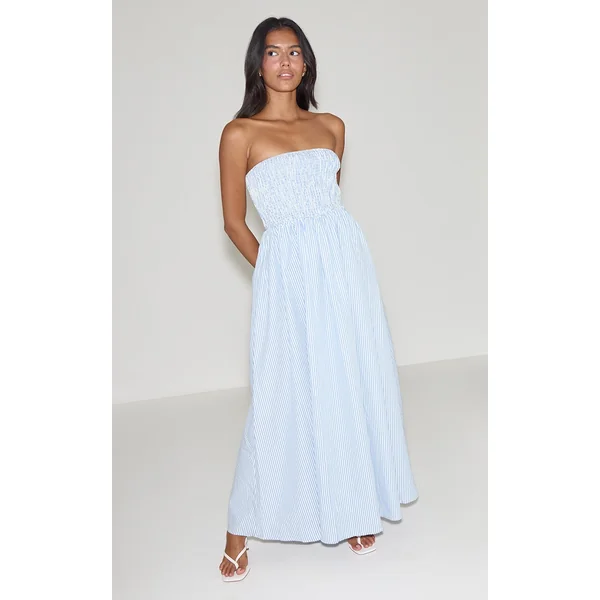 Sky Blue Striped Bandeau Maxi Dress