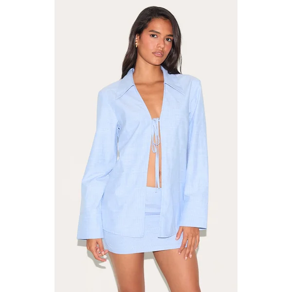 Sky Blue Striped Cotton Longline Tie Front Shirt